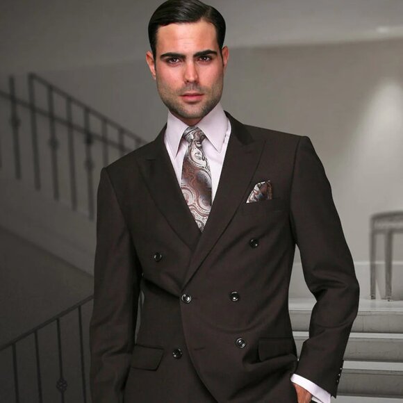 Mens Classic Wool Double Breasted Suit in Brown - Picture 1 of 3